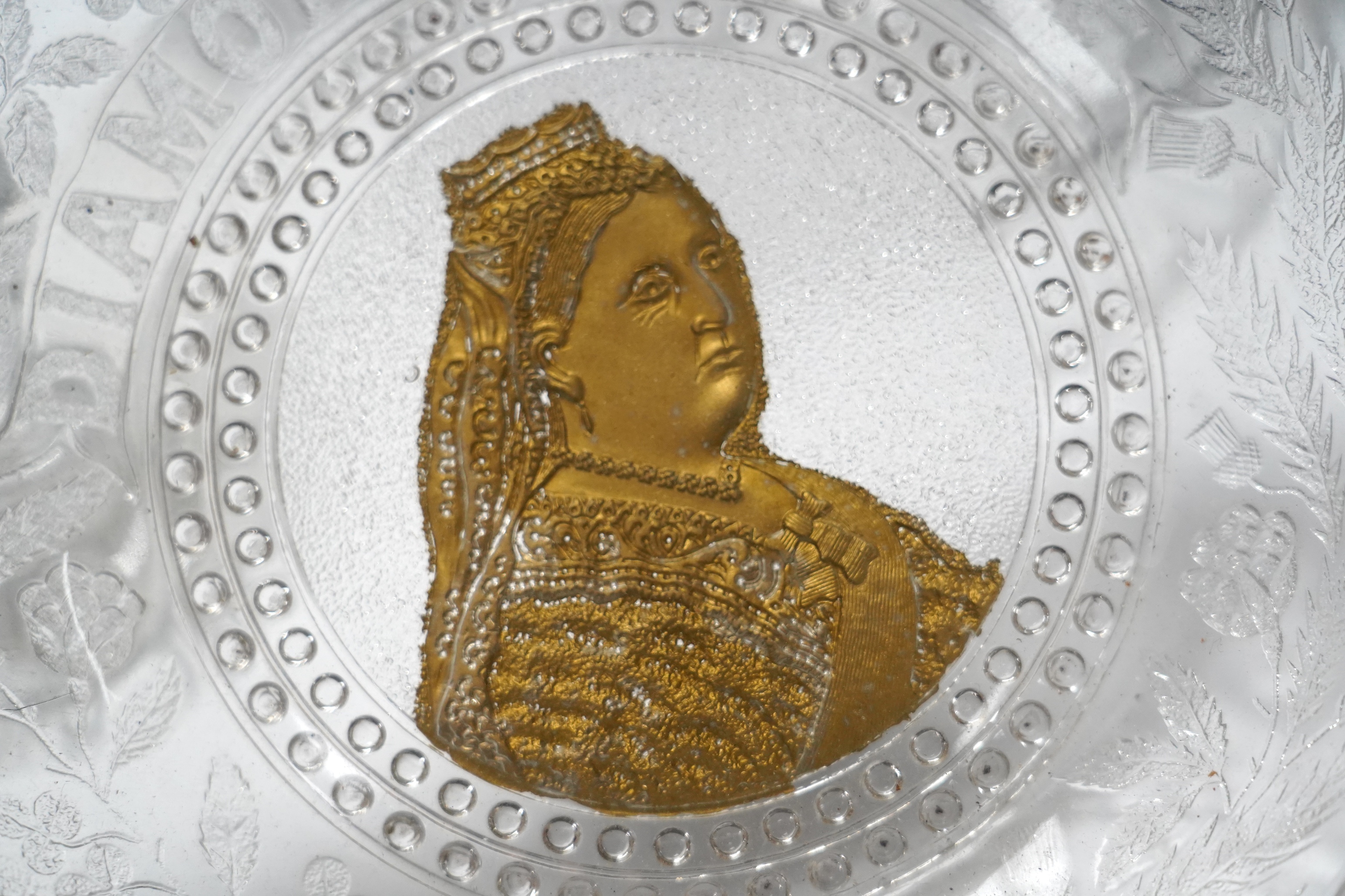 Seven press moulded glass commemorative items celebrating Queen Victoria's Diamond Jubilee. Condition - fair